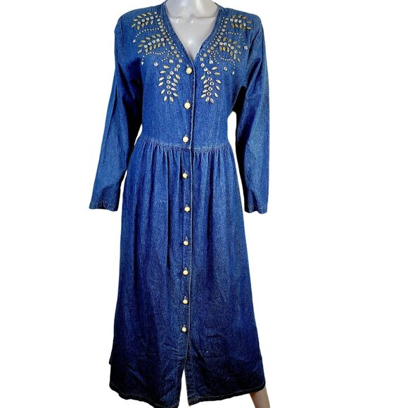 Vintage Dresses & Skirts - Vintage 90s Denim Midi Dress Women Medium Teacher Embellished Rhinestone 8 10 M